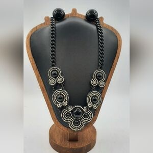 Womens Black and Gold Tone Statement Necklace and Pierced Earrings